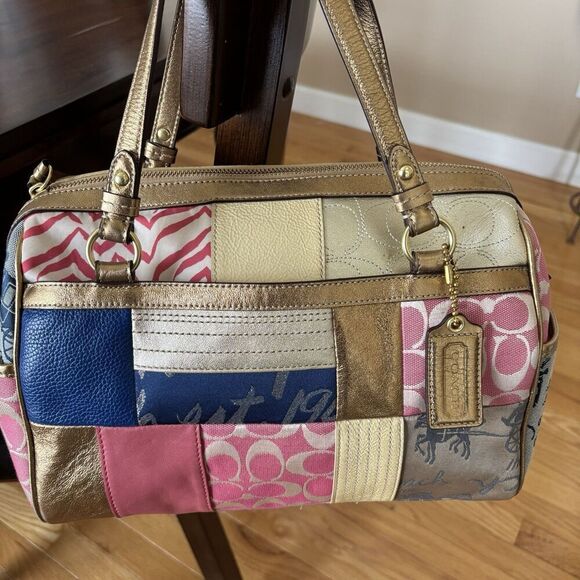 COACH SIGNATURE LOGO LEATHER GOLD BOWLER PATCHWORK DOUBLEPURSE Y2K NWOT